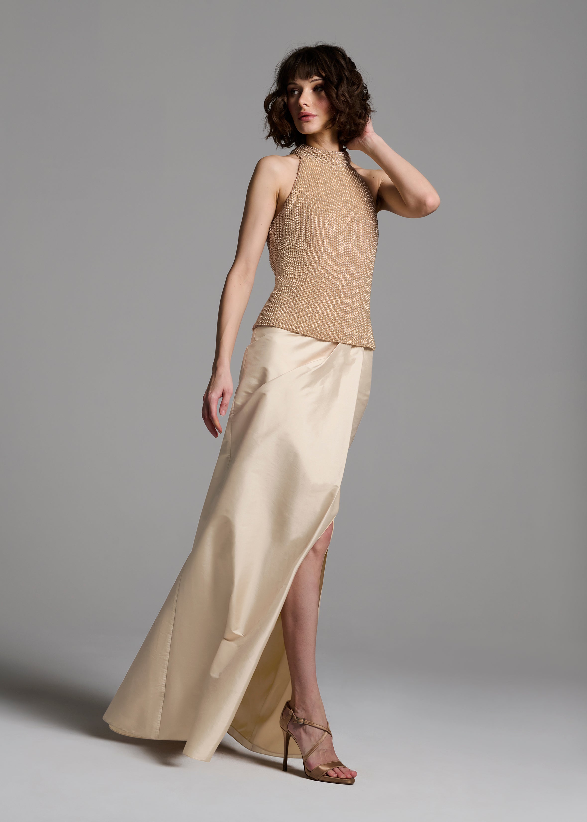 SOFT TAFFETA FAUX WRAP SKIRT CHAMPAGNE