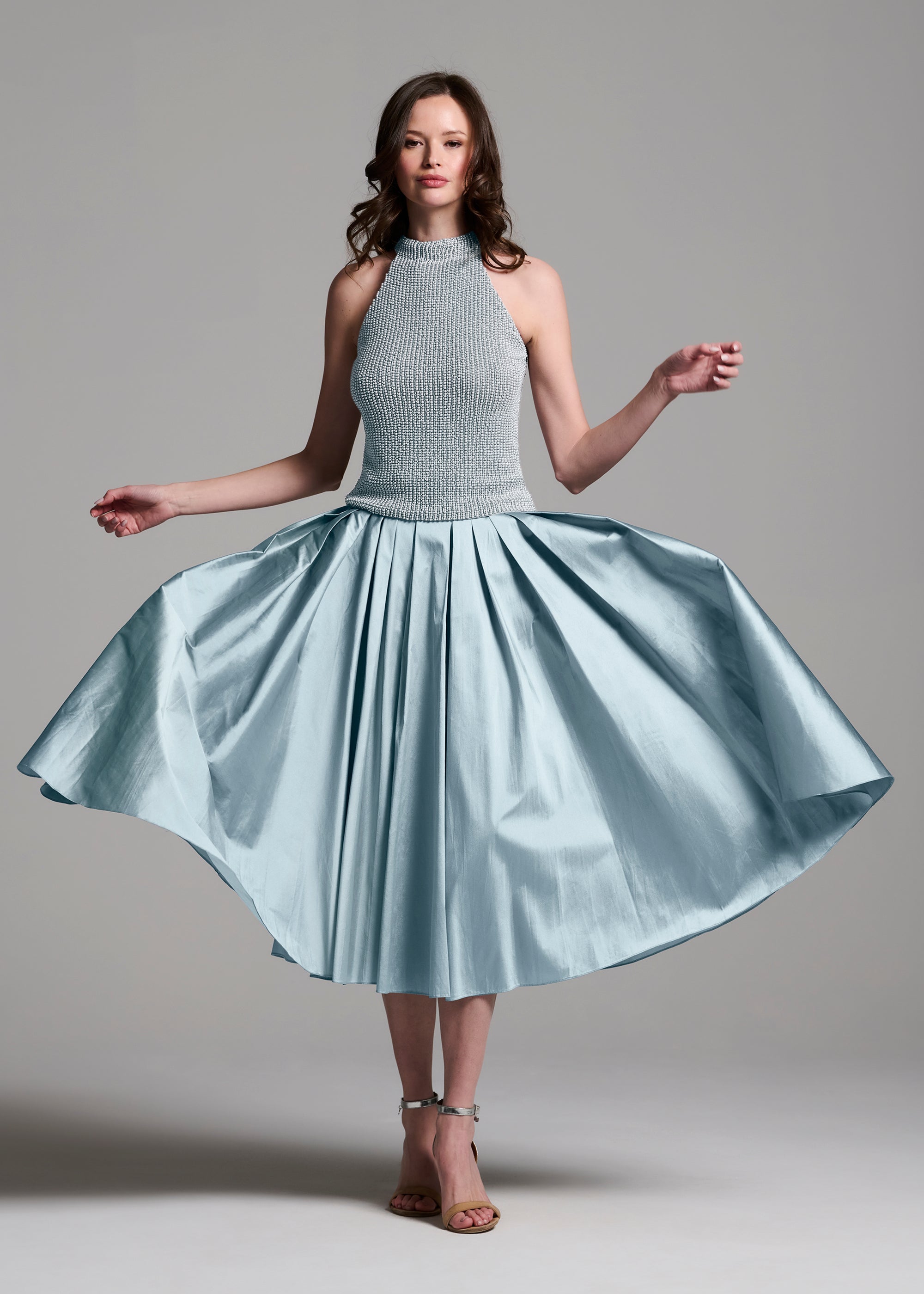 TEA LENGTH PLEATED SOFT TAFFETA MIDI SKIRT LIGHT BLUE | Emily Shalant TEA LENGTH PLEATED SOFT TAFFETA MIDI SKIRT LIGHT BLUE | Emily Shalant