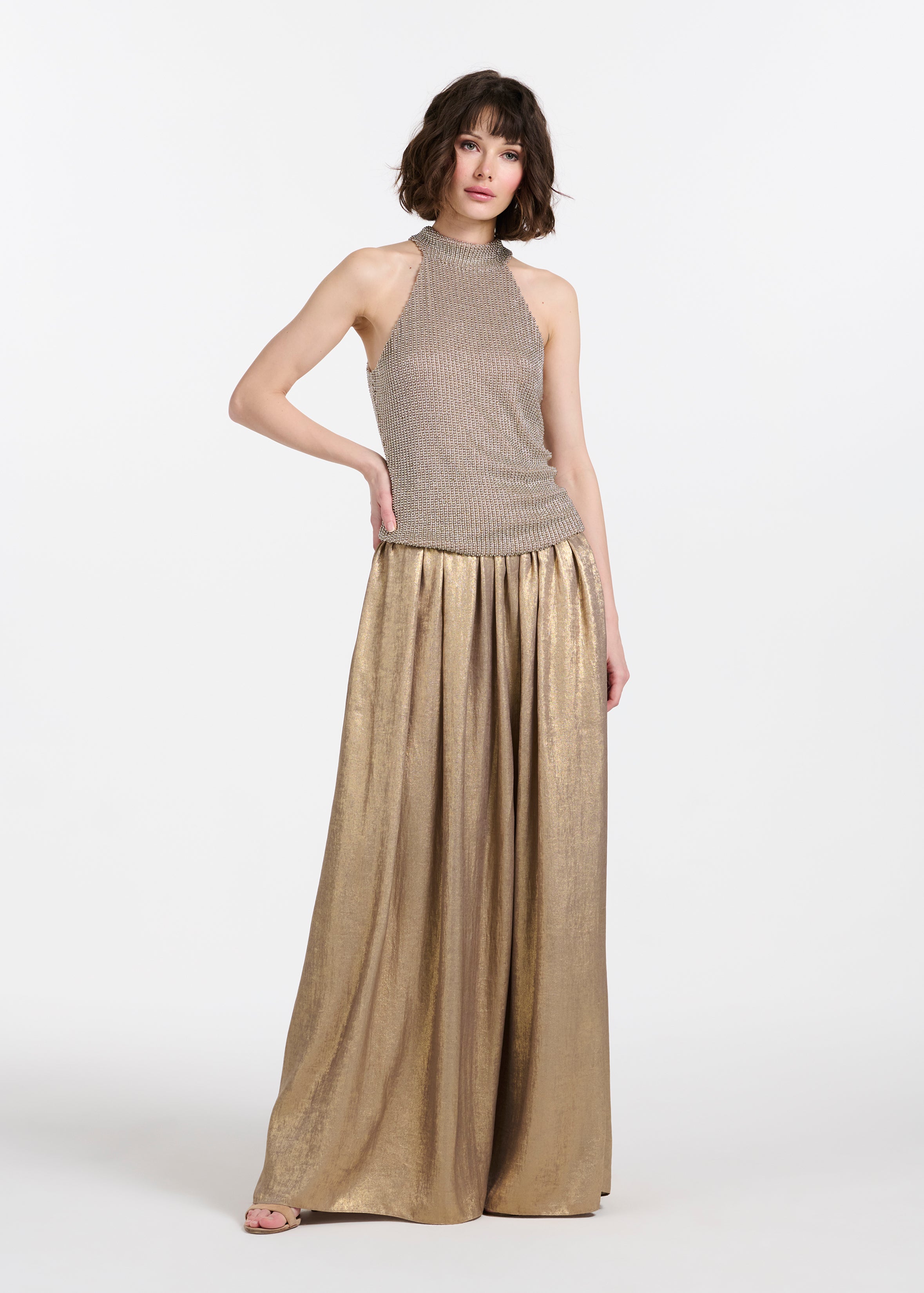 SILVER PEARLS ENCRUSTED SLEEVELESS MOCK NECK