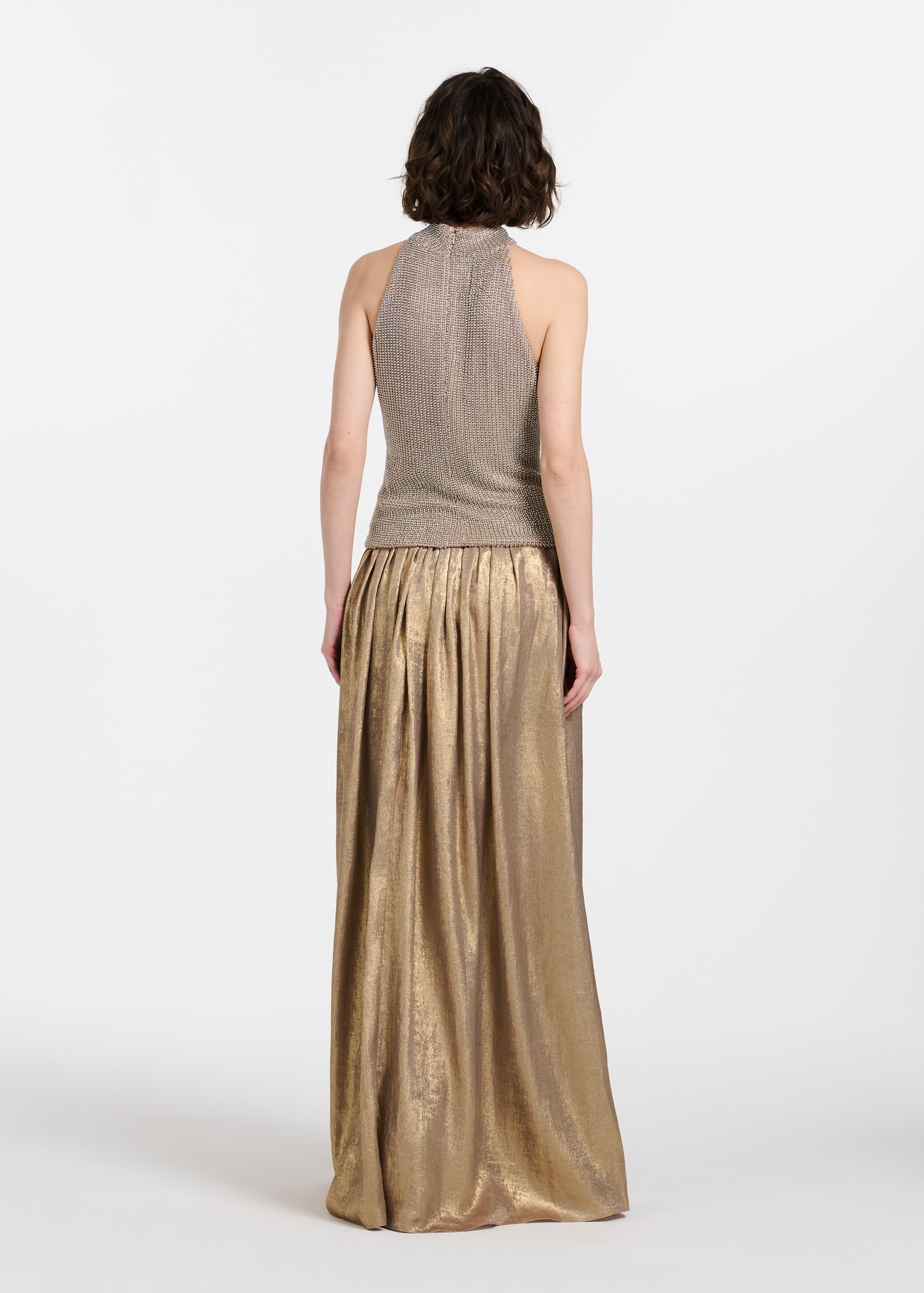 SILVER PEARLS ENCRUSTED SLEEVELESS MOCK NECK