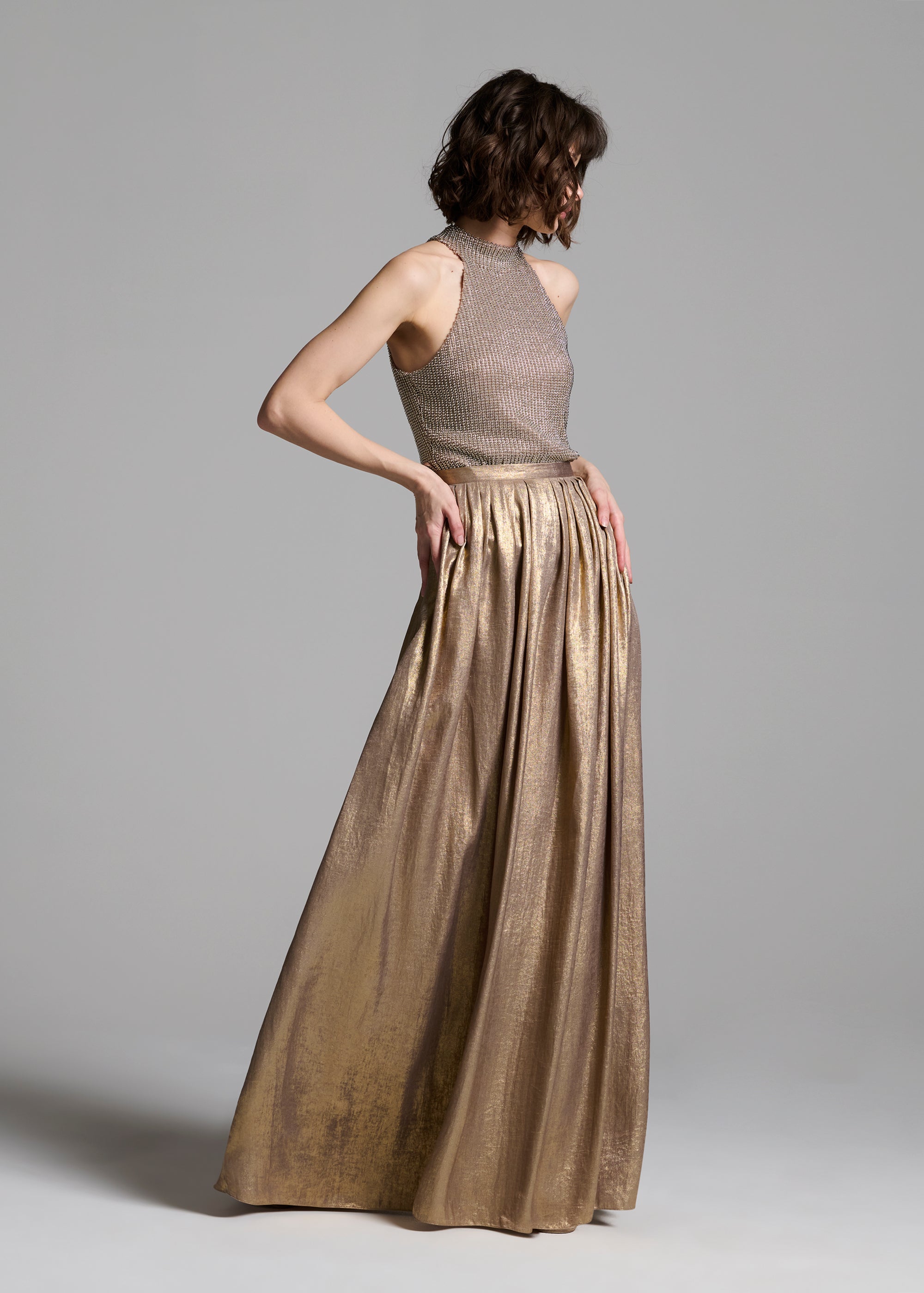 SILVER PEARLS ENCRUSTED SLEEVELESS MOCK NECK