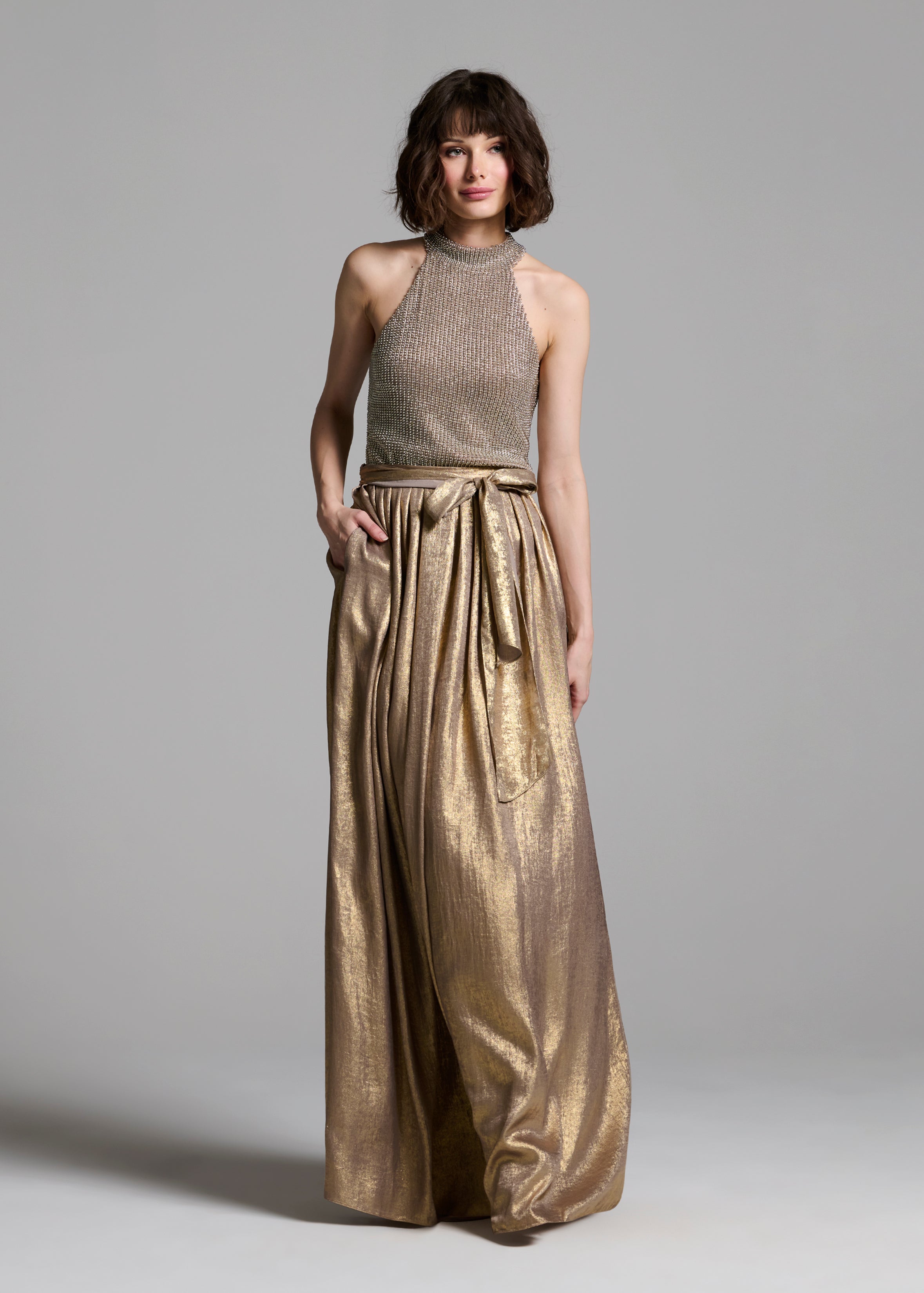 SILVER PEARLS ENCRUSTED SLEEVELESS MOCK NECK