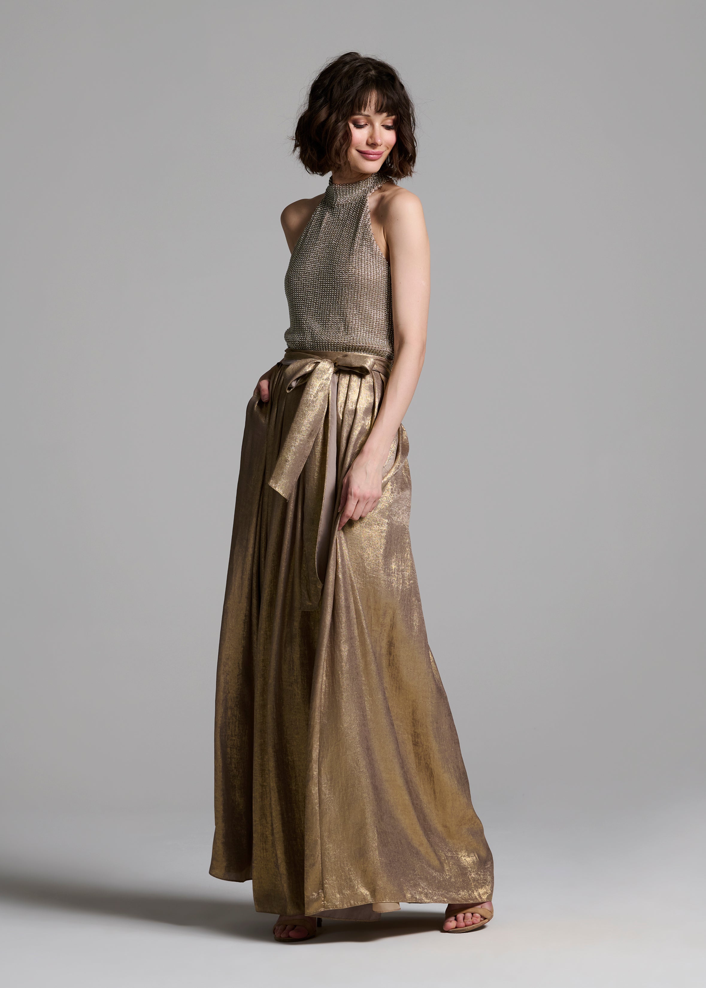 SILVER PEARLS ENCRUSTED SLEEVELESS MOCK NECK
