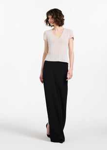 STRETCH PEARL BEADED V-NECK TOP IVORY PEARL