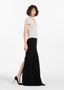 STRETCH PEARL BEADED V-NECK TOP IVORY PEARL