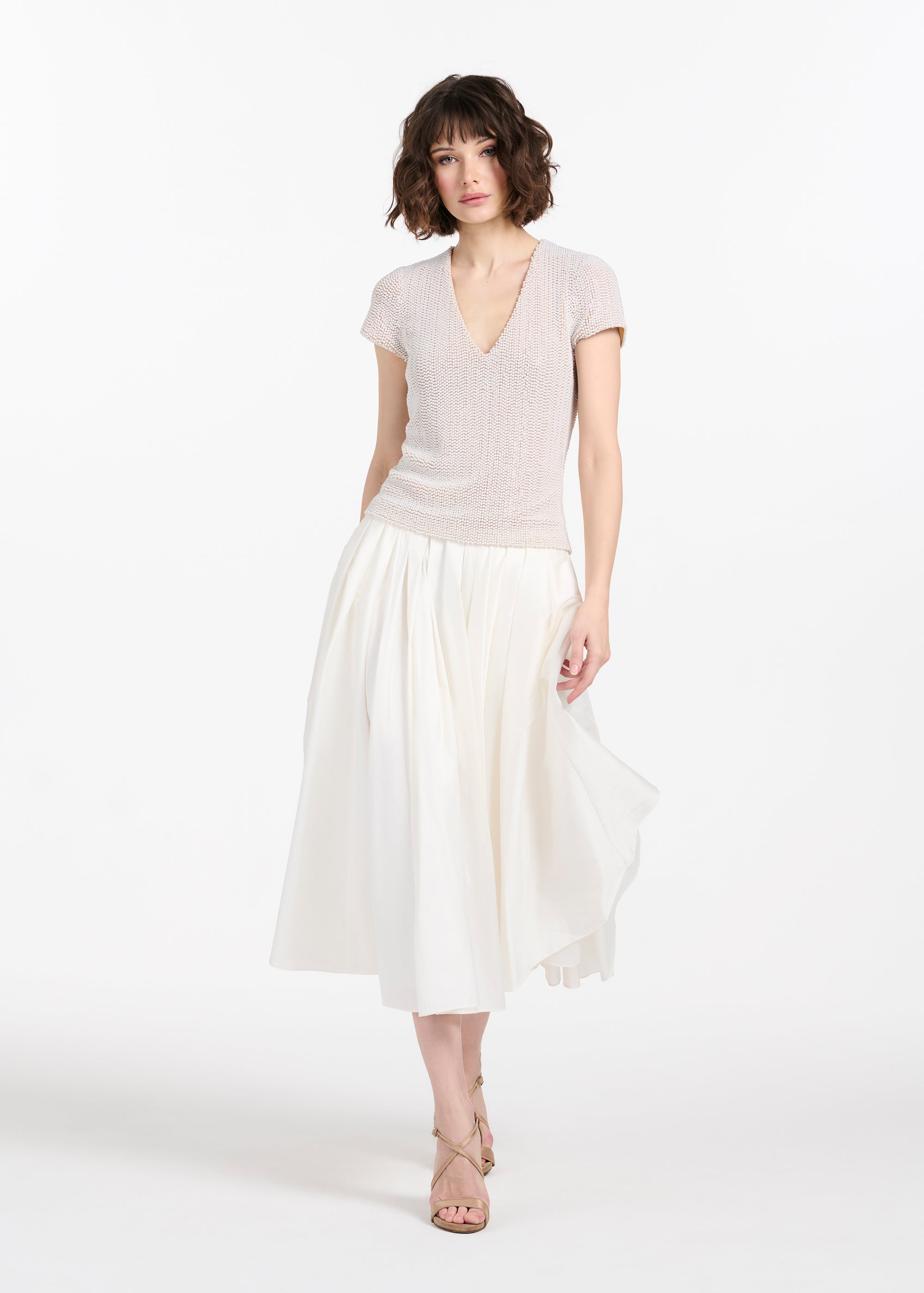 STRETCH PEARL BEADED V-NECK TOP IVORY PEARL