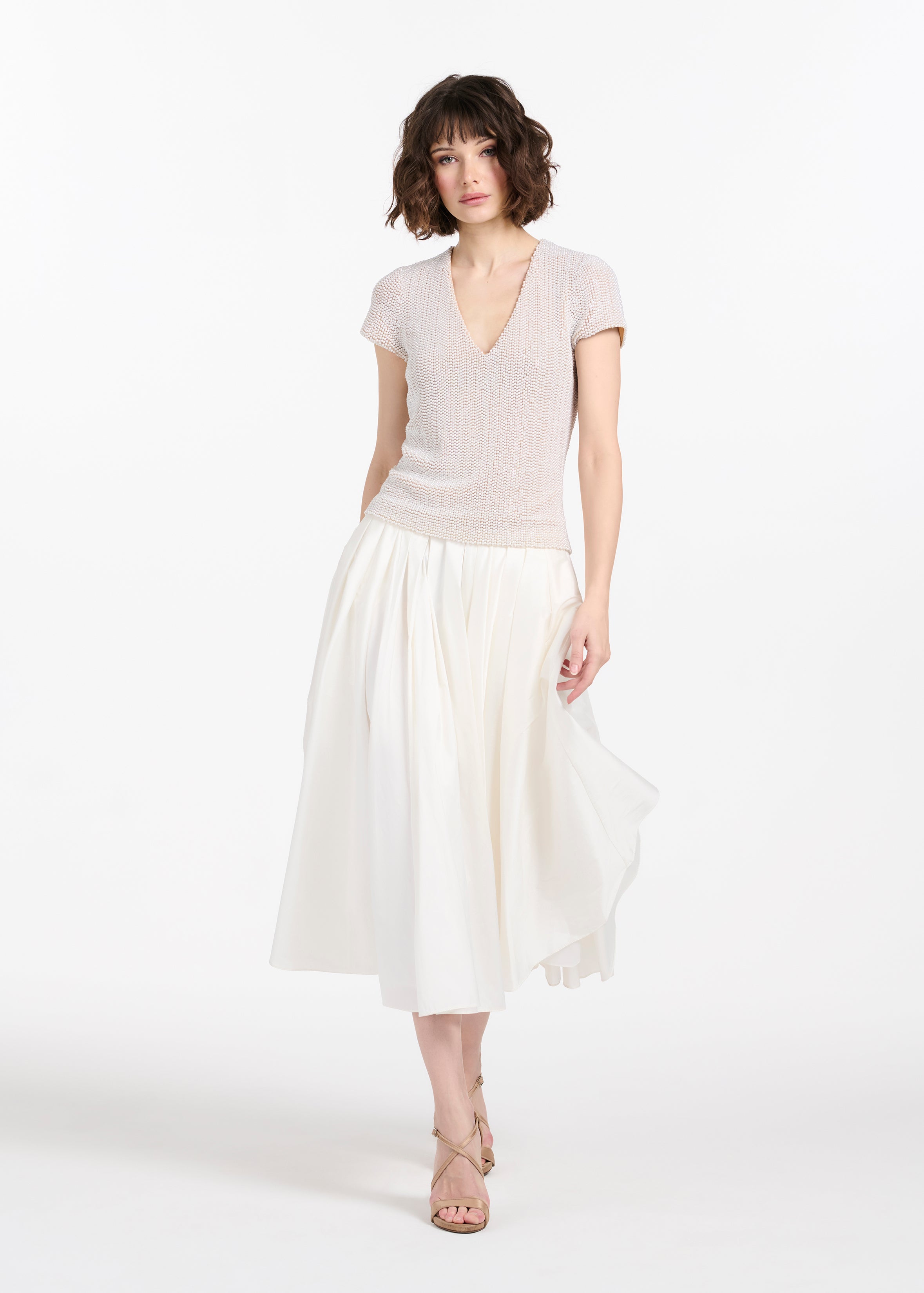 STRETCH PEARL BEADED V-NECK TOP IVORY PEARL