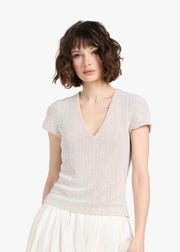 STRETCH PEARL BEADED V-NECK TOP IVORY PEARL