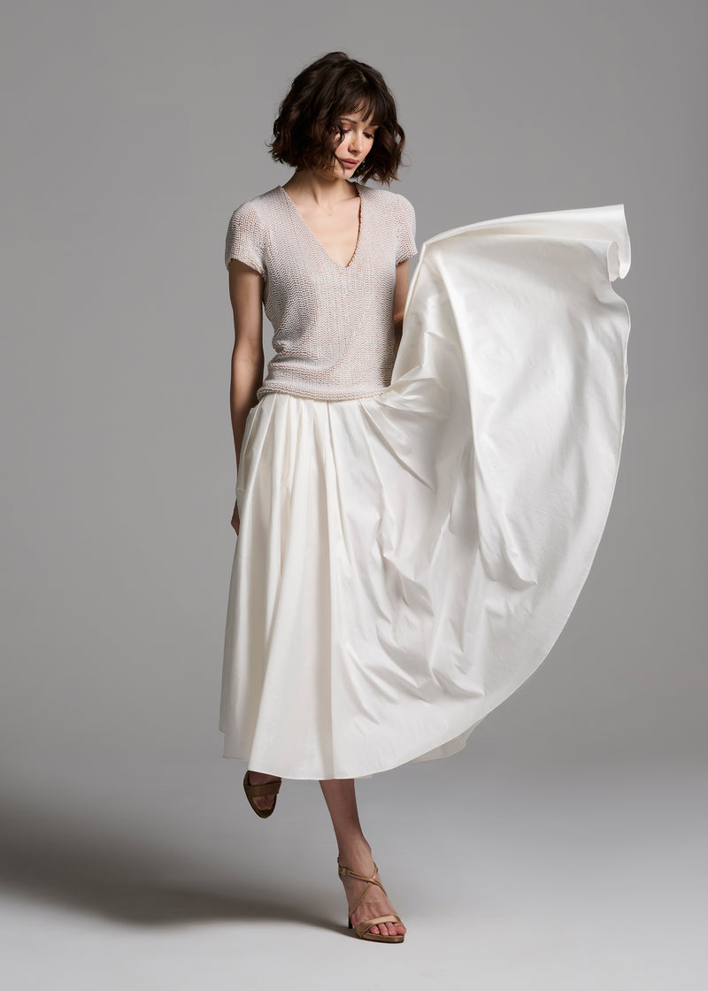 STRETCH PEARL BEADED V-NECK TOP IVORY PEARL