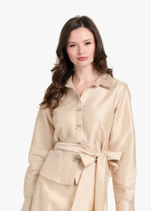 TAFFETA BLOUSE WITH CRYSTAL BOW BUTTONS AND SASH CHAMPAGNE