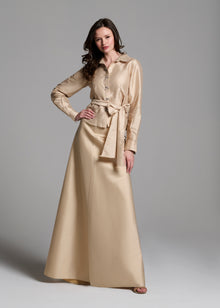 TAFFETA BLOUSE WITH CRYSTAL BOW BUTTONS AND SASH CHAMPAGNE