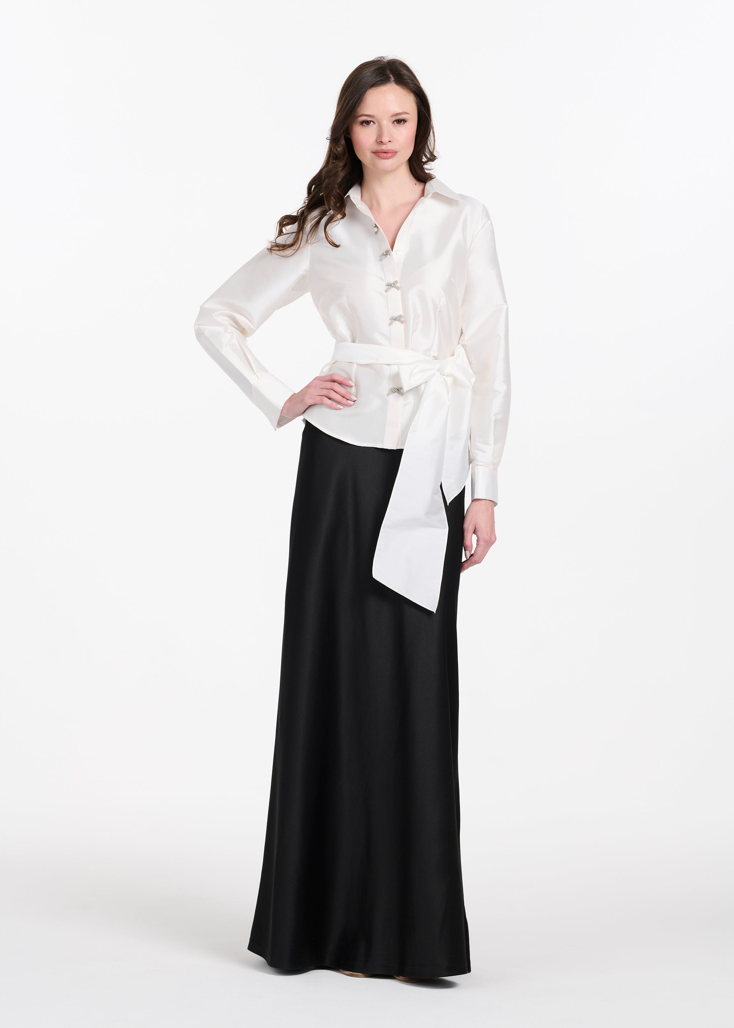 TAFFETA BLOUSE WITH CRYSTAL BOW BUTTONS AND SASH IVORY | Emily Shalant