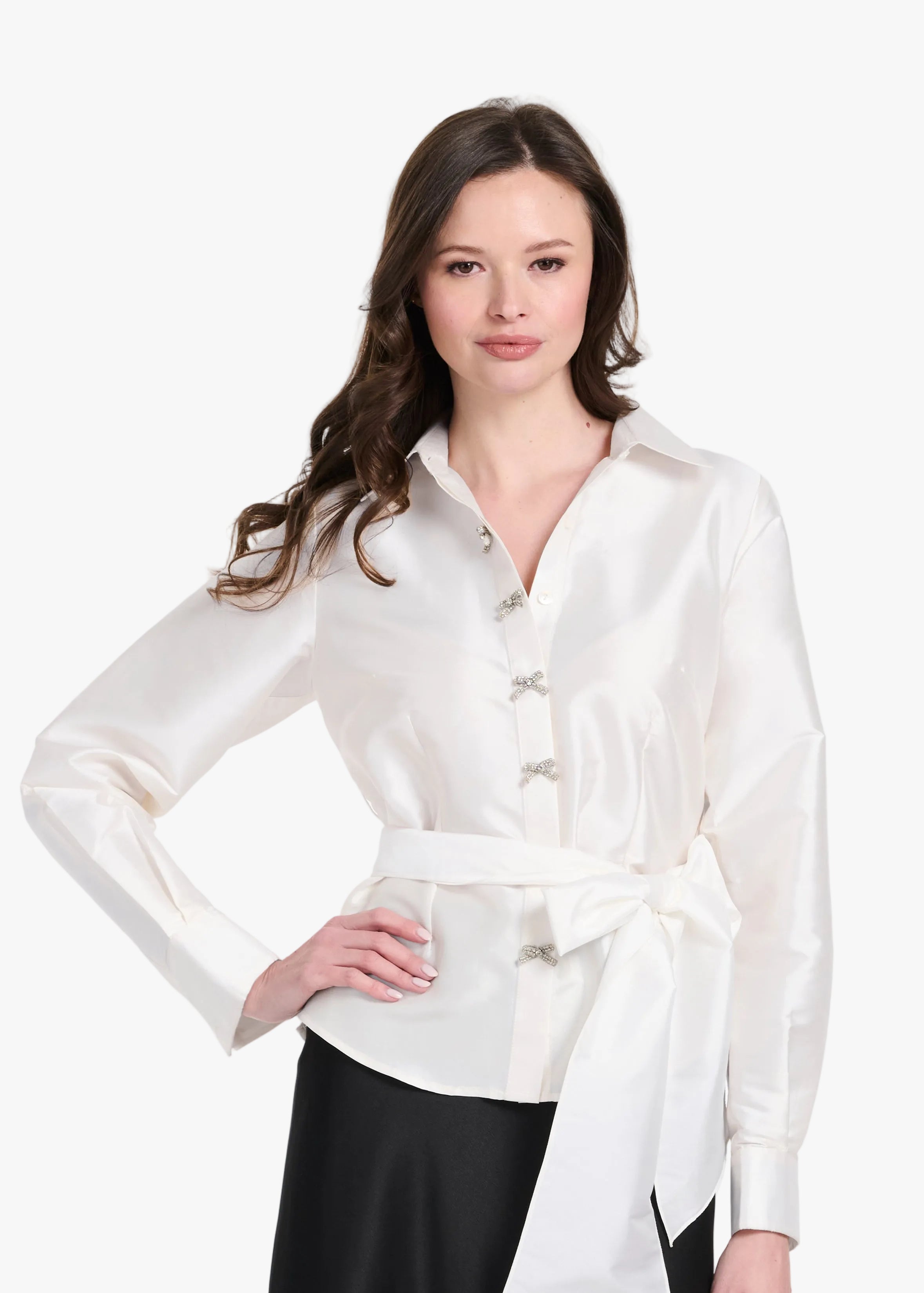 TAFFETA BLOUSE WITH CRYSTAL BOW BUTTONS AND SASH IVORY | Emily Shalant
