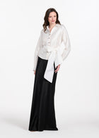 TAFFETA BLOUSE WITH CRYSTAL BOW BUTTONS AND SASH IVORY