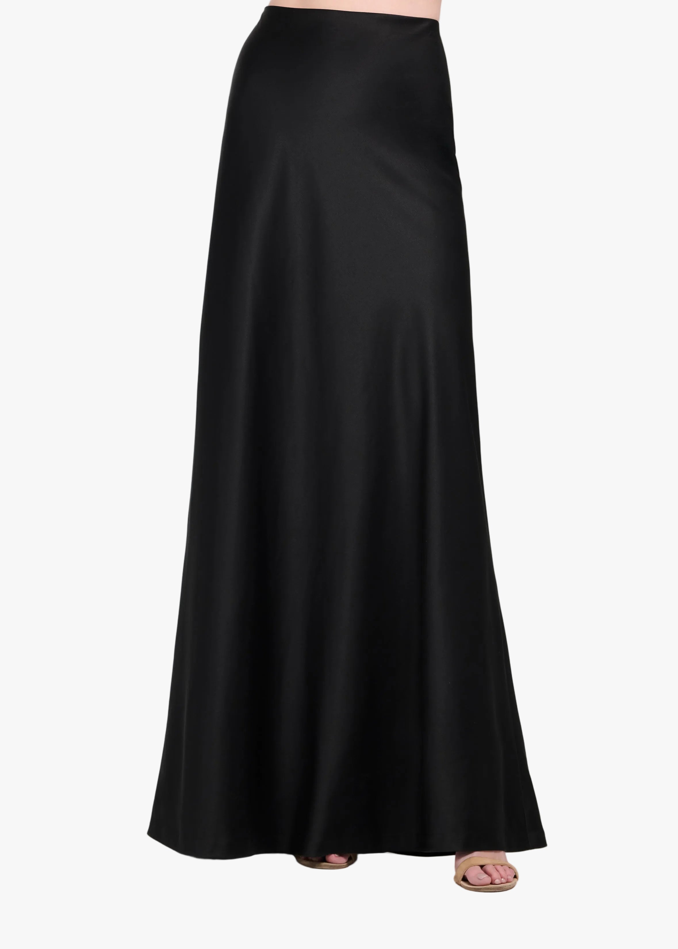 STRETCH SATIN BIAS LONG A-LINE SKIRT - BLACK | Emily Shalant