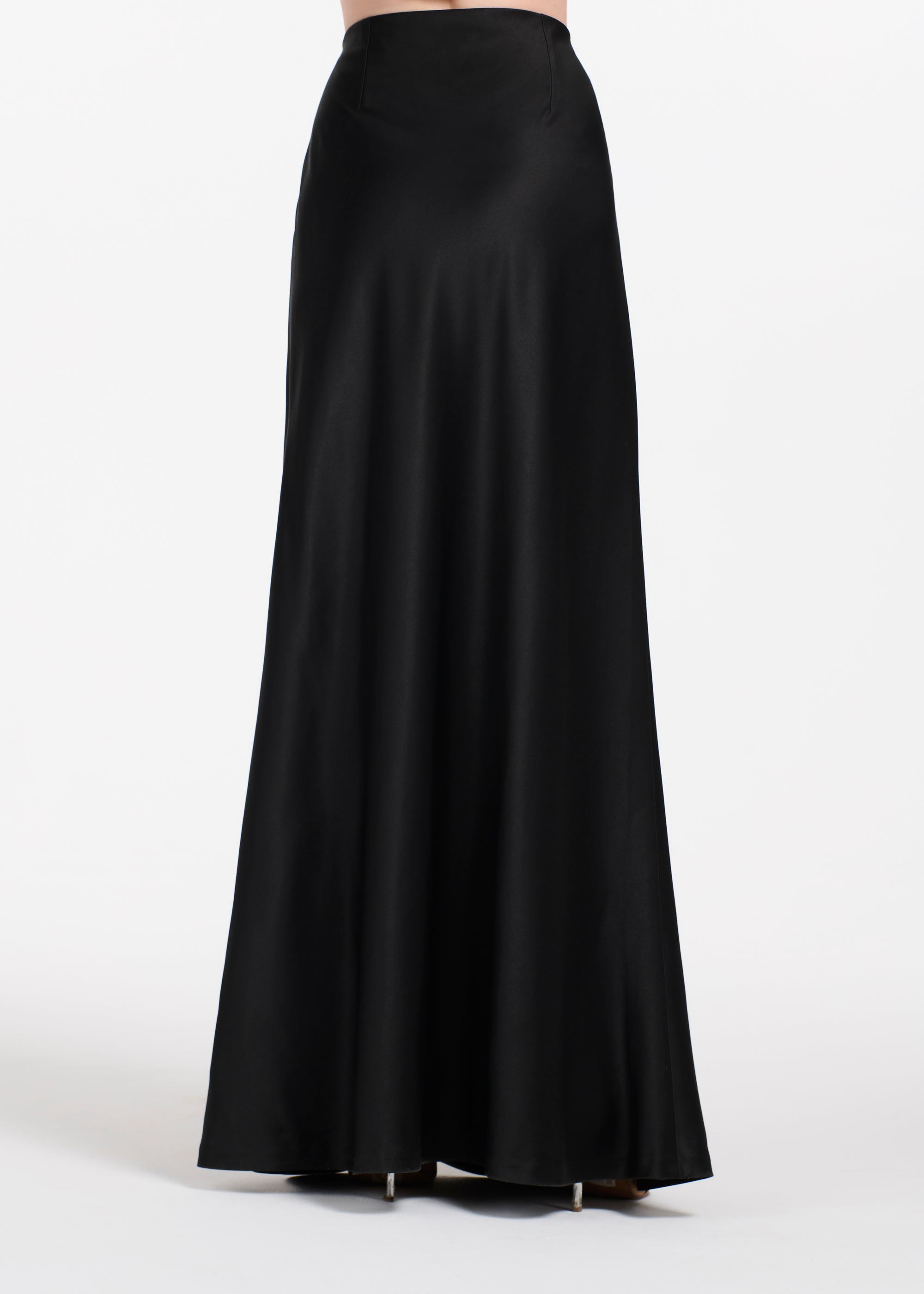STRETCH SATIN BIAS LONG A-LINE SKIRT - BLACK