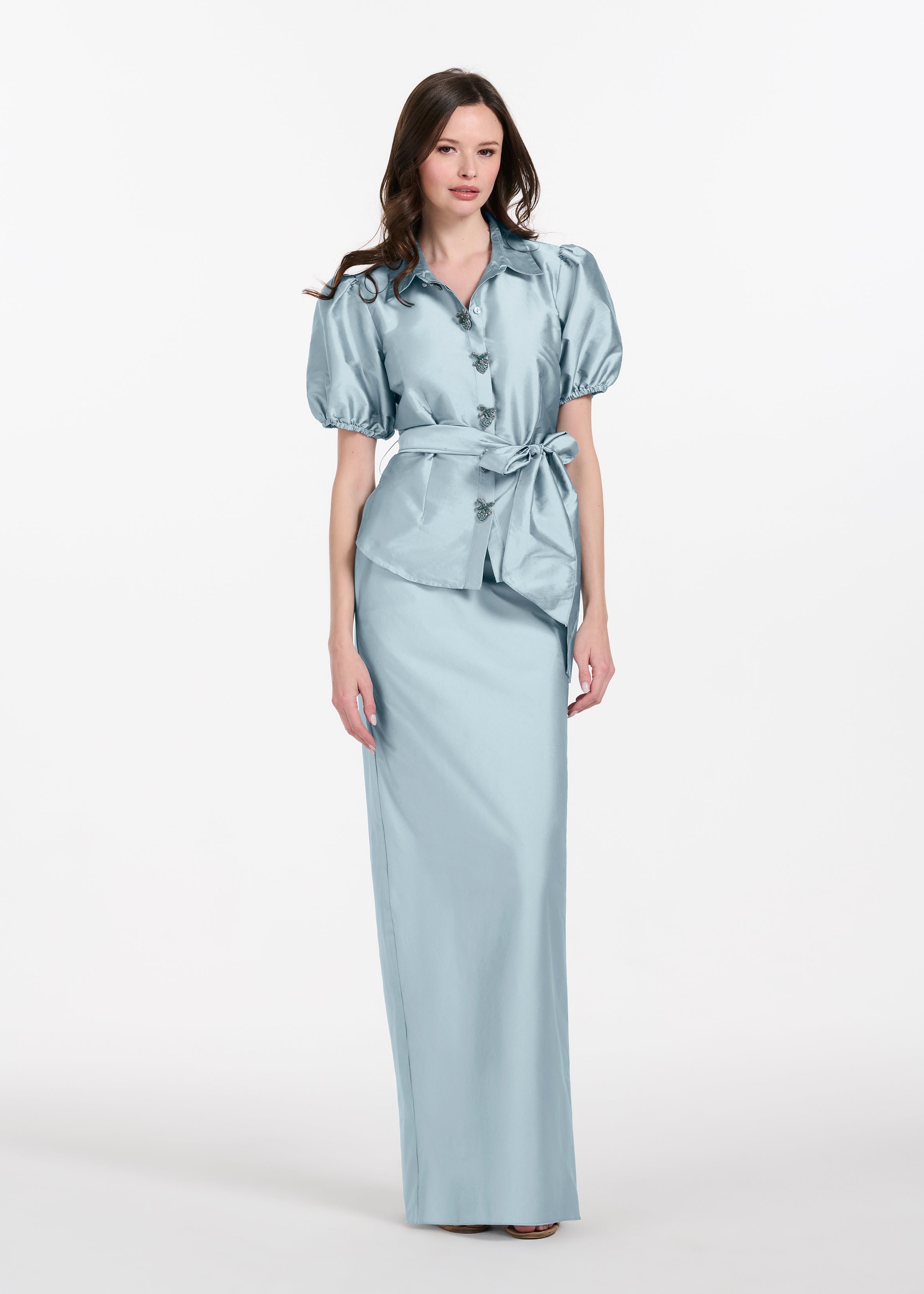 TAFFETA BIAS COLUMN SKIRT WITH SASH LIGHT BLUE | Emily Shalant