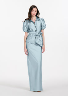 TAFFETA BIAS COLUMN SKIRT WITH SASH LIGHT BLUE