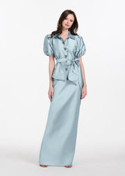 TAFFETA PUFF SLEEVE BLOUSE WITH CRYSTAL LOCKET HEART BUTTONS LIGHT BLUE