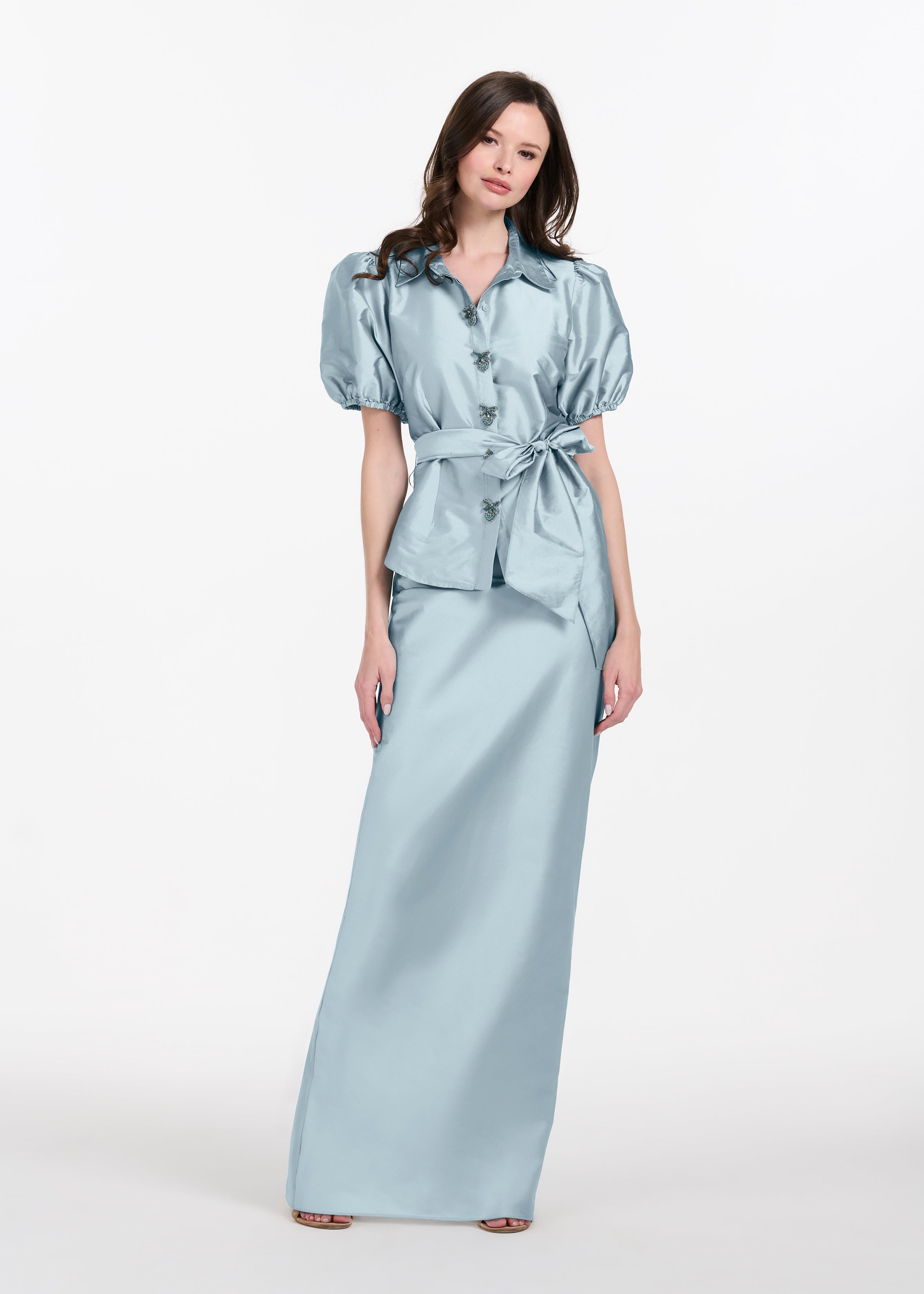 TAFFETA BIAS COLUMN SKIRT WITH SASH LIGHT BLUE