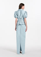 TAFFETA PUFF SLEEVE BLOUSE WITH CRYSTAL LOCKET HEART BUTTONS LIGHT BLUE