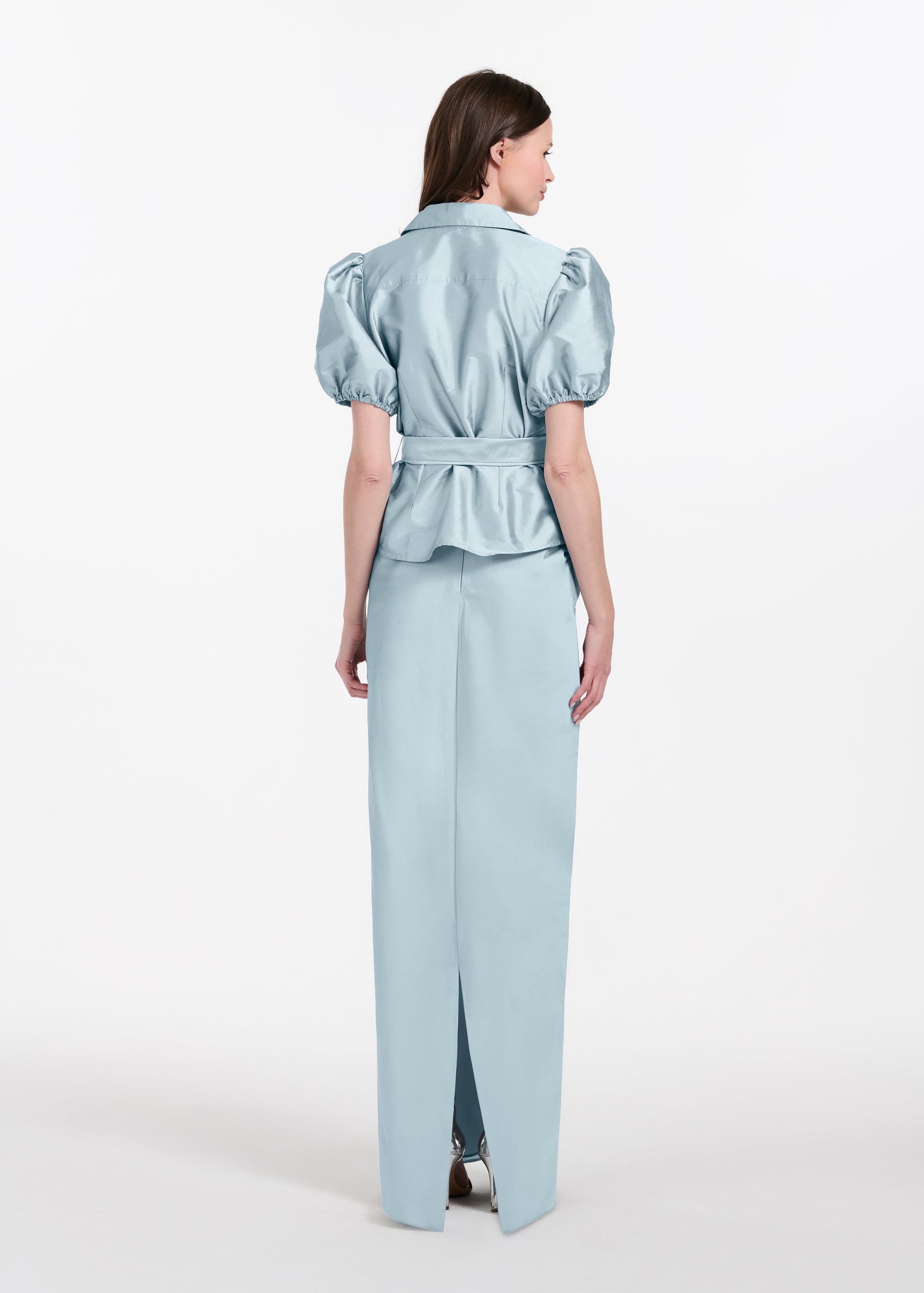 TAFFETA PUFF SLEEVE BLOUSE WITH CRYSTAL LOCKET HEART BUTTONS LIGHT BLUE