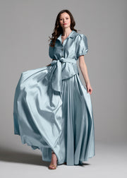 TAFFETA PUFF SLEEVE BLOUSE WITH CRYSTAL LOCKET HEART BUTTONS LIGHT BLUE