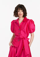 TAFFETA PUFF SLEEVE BLOUSE WITH CRYSTAL BOW HEART BUTTONS WATERMELON