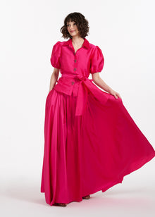 TAFFETA PUFF SLEEVE BLOUSE WITH CRYSTAL BOW HEART BUTTONS WATERMELON