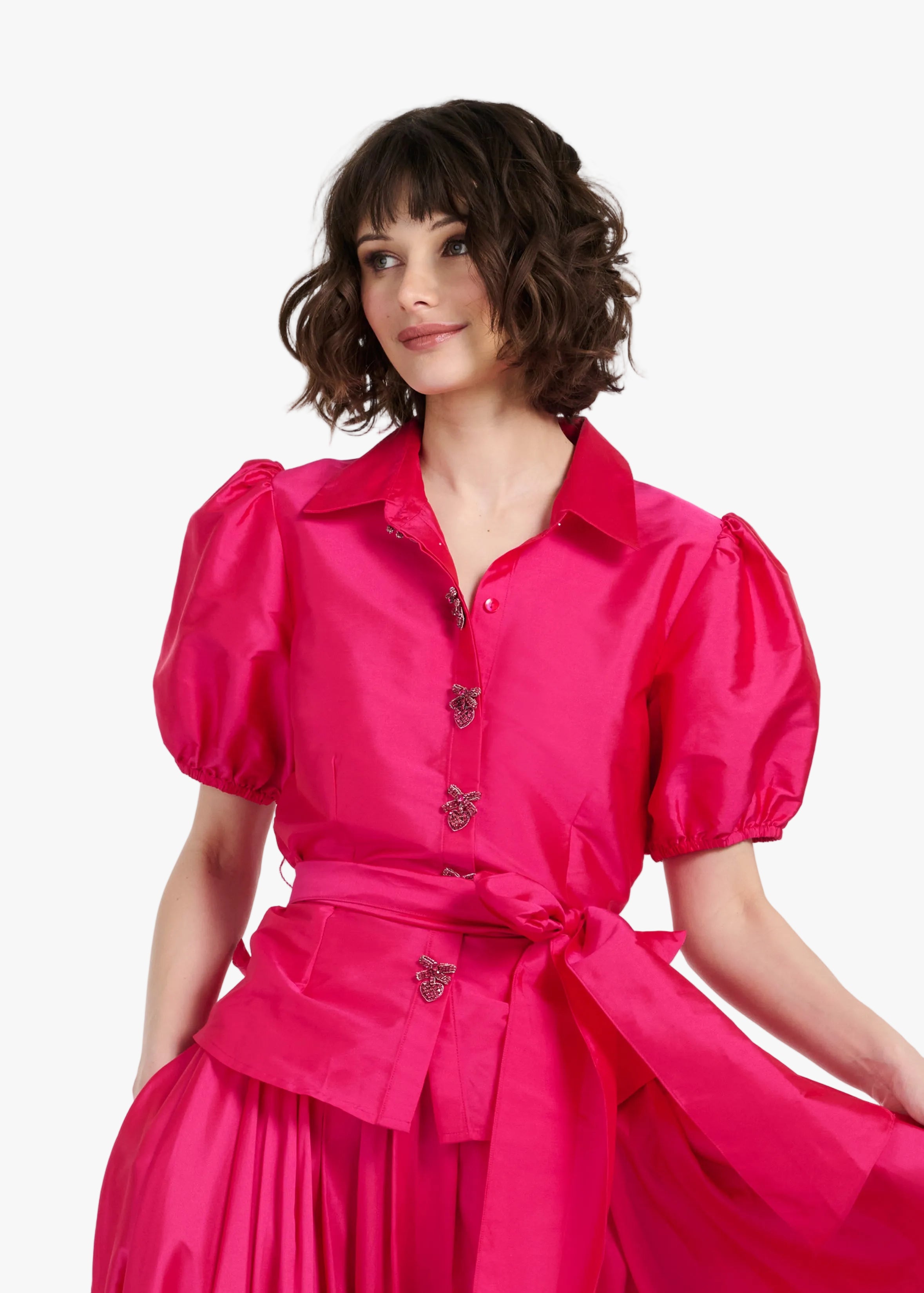 TAFFETA PUFF SLEEVE BLOUSE WITH CRYSTAL LOCKET HEART BUTTONS
