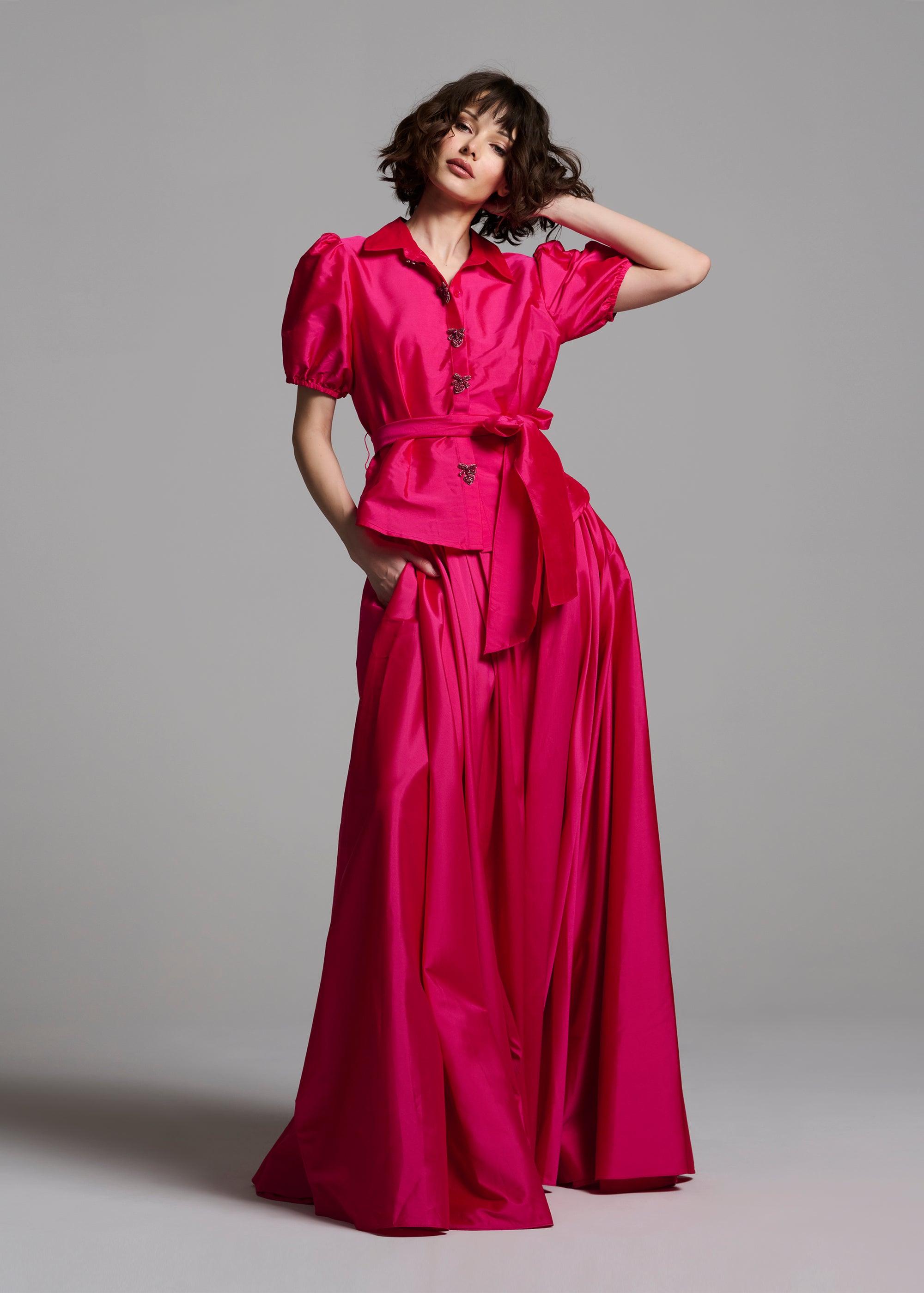 TAFFETA PUFF SLEEVE BLOUSE WITH CRYSTAL BOW HEART BUTTONS WATERMELON