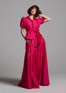 TAFFETA PUFF SLEEVE BLOUSE WITH CRYSTAL BOW HEART BUTTONS WATERMELON