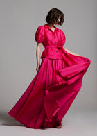 TAFFETA PUFF SLEEVE BLOUSE WITH CRYSTAL BOW HEART BUTTONS WATERMELON