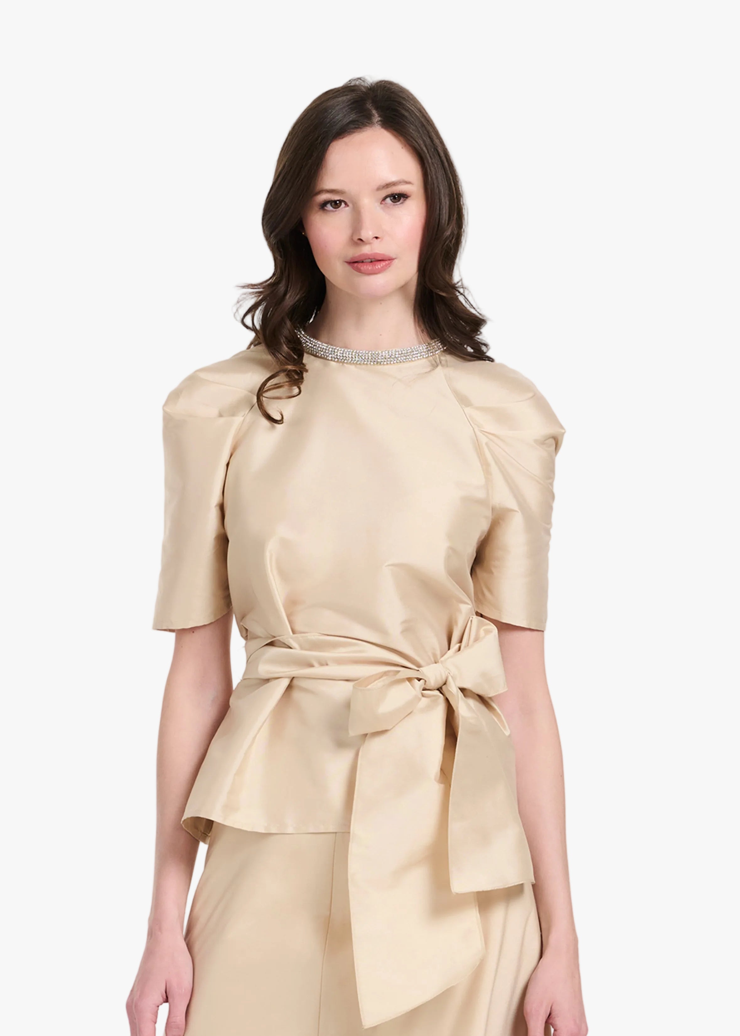 DRAPED TAFFETA BLOUSE WITH CRYSTAL NECKLACE CHAMPAGNE