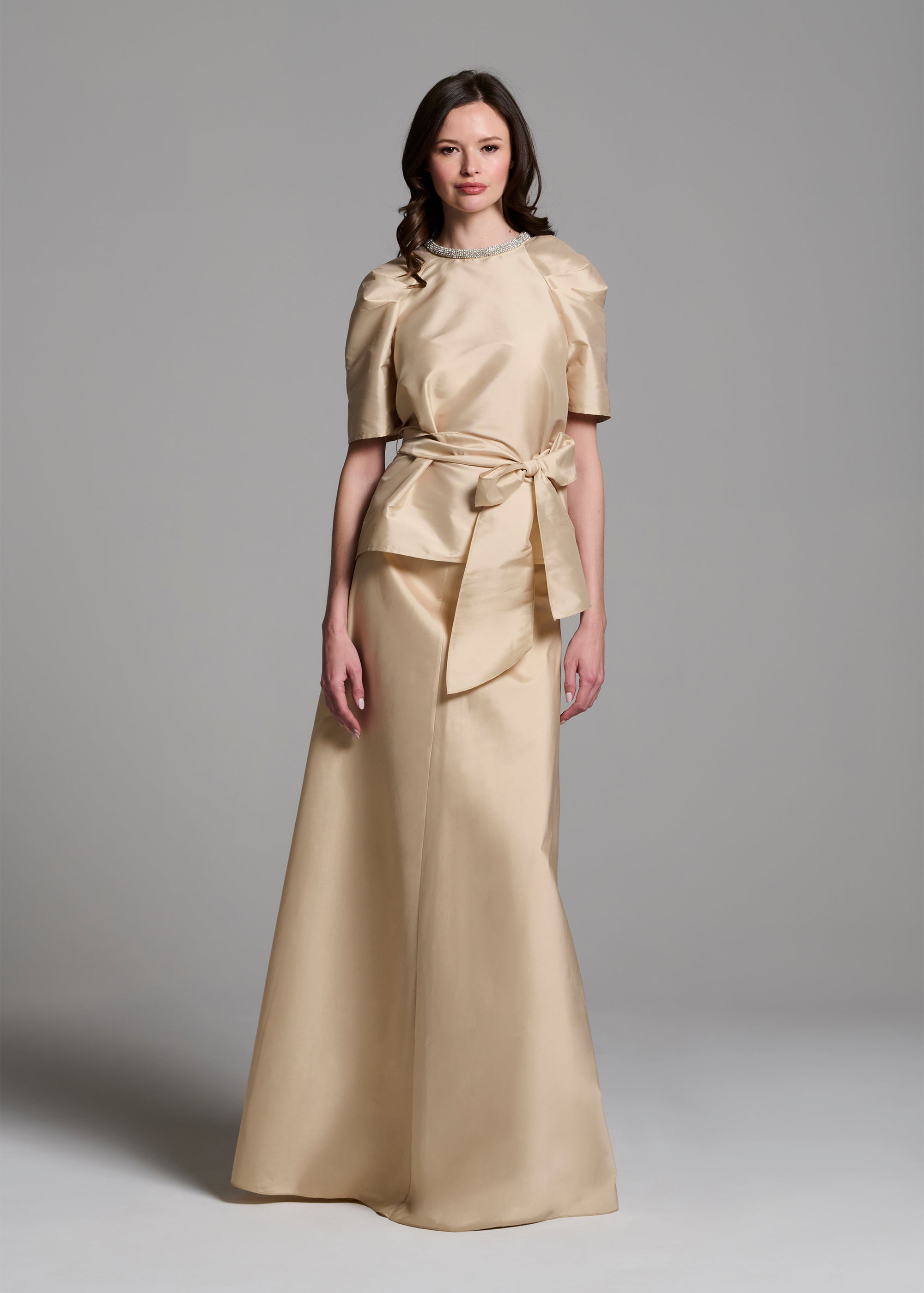 Draped Taffeta Blouse with Crystal Necklace Champagne