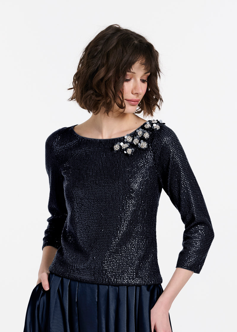Sequin Top With Pailette Flowers Navy