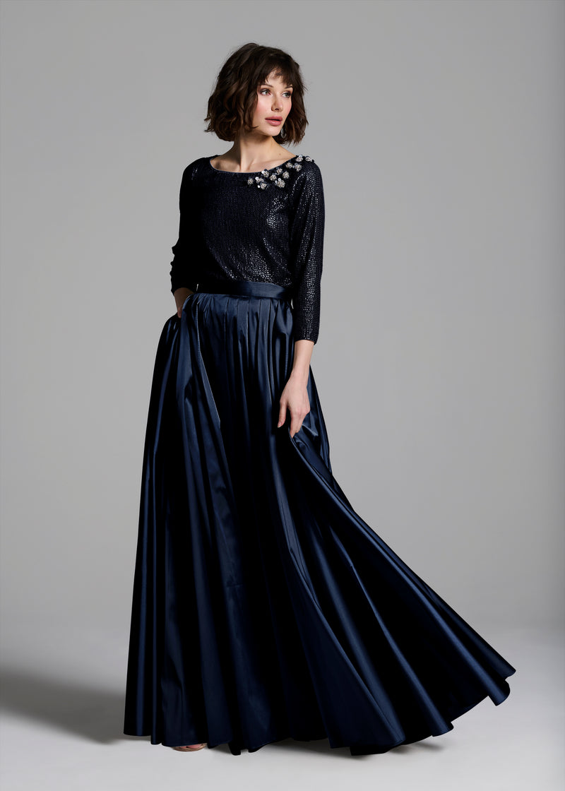 Sequin Top With Pailette Flowers Navy