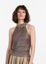 Sequin Halter With Pailette Flowers Navy