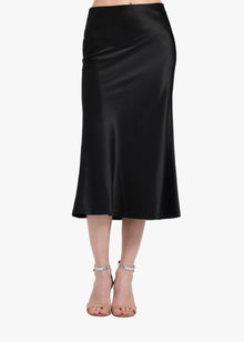 STRETCH SATIN MIDI A-LINE BIAS SKIRT - BLACK