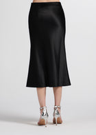 STRETCH SATIN MIDI A-LINE BIAS SKIRT - BLACK