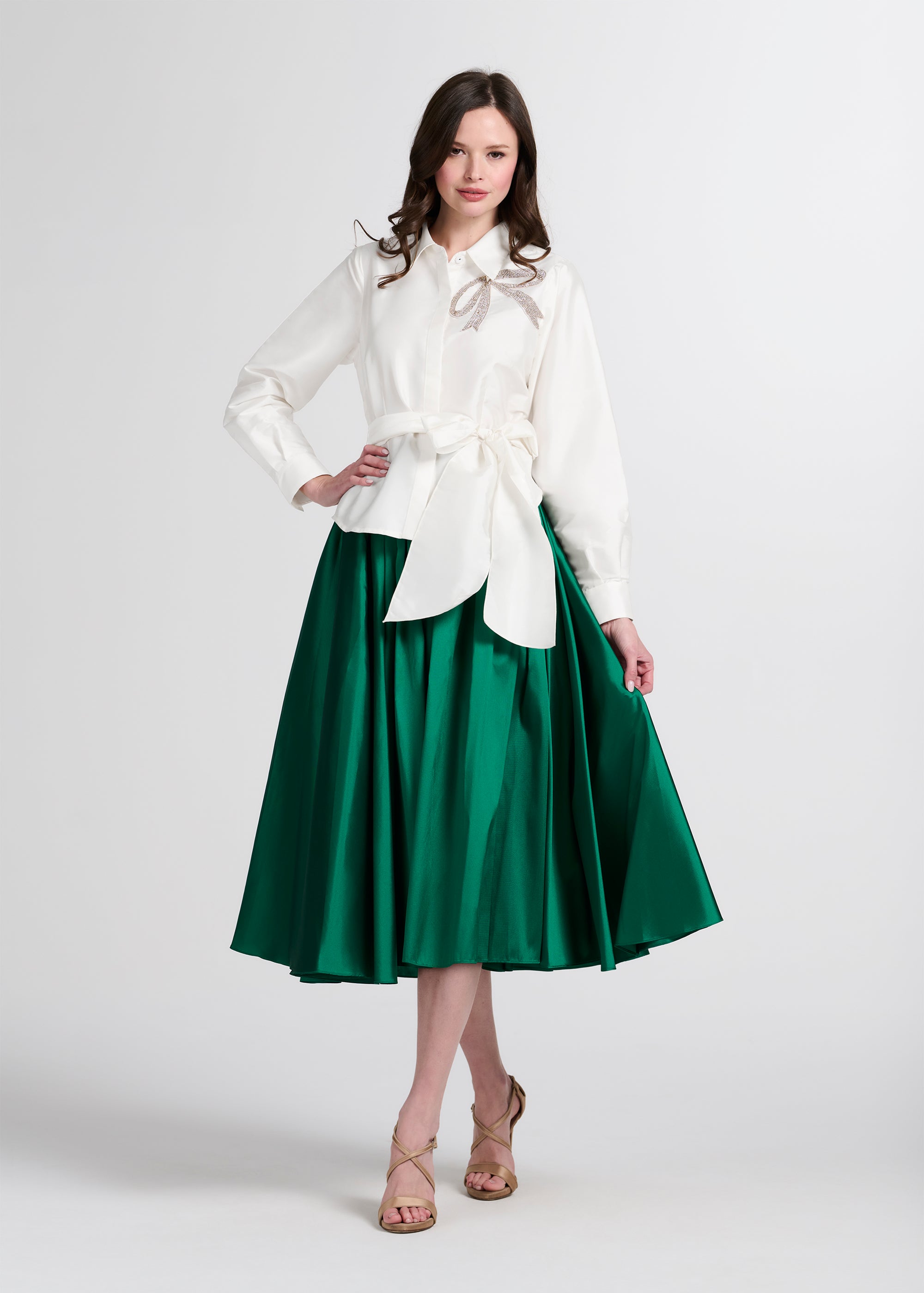 CRYSTAL BOW APPLIQUE BLOUSE IN SOFT TAFFETA BLACK