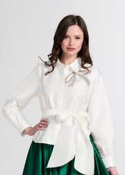 CRYSTAL BOW APPLIQUE BLOUSE IN SOFT TAFFETA BLACK