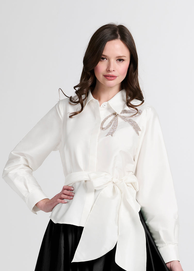 CRYSTAL BOW APPLIQUE BLOUSE IN SOFT TAFFETA IVORY