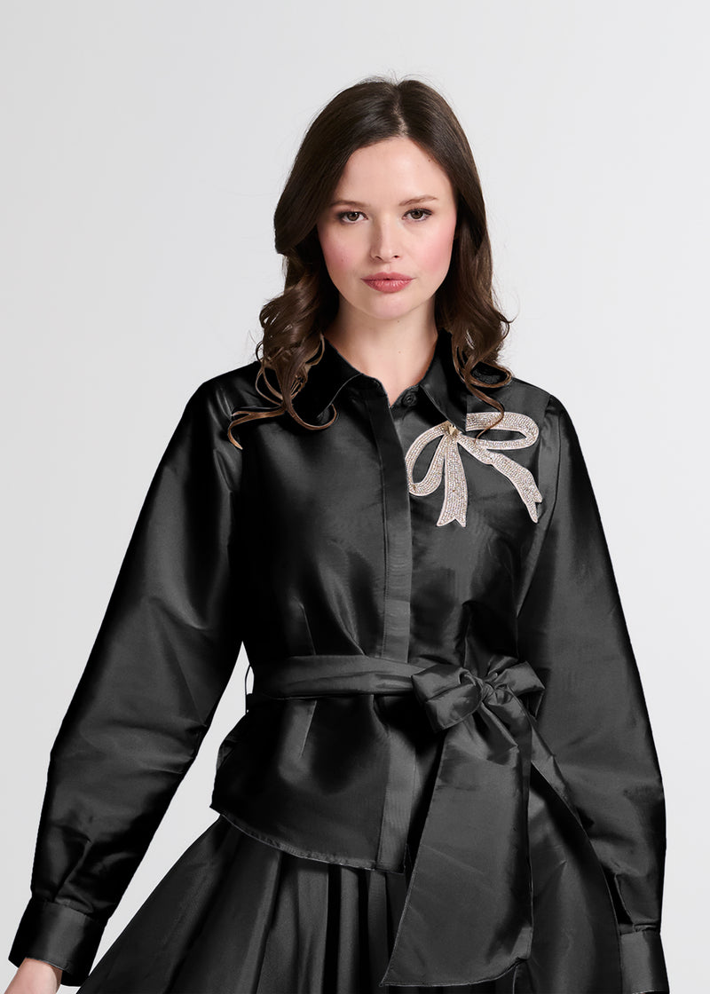 CRYSTAL BOW APPLIQUE BLOUSE IN SOFT TAFFETA BLACK