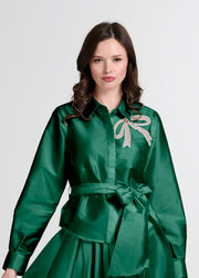 CRYSTAL BOW APPLIQUE BLOUSE IN SOFT TAFFETA BLACK