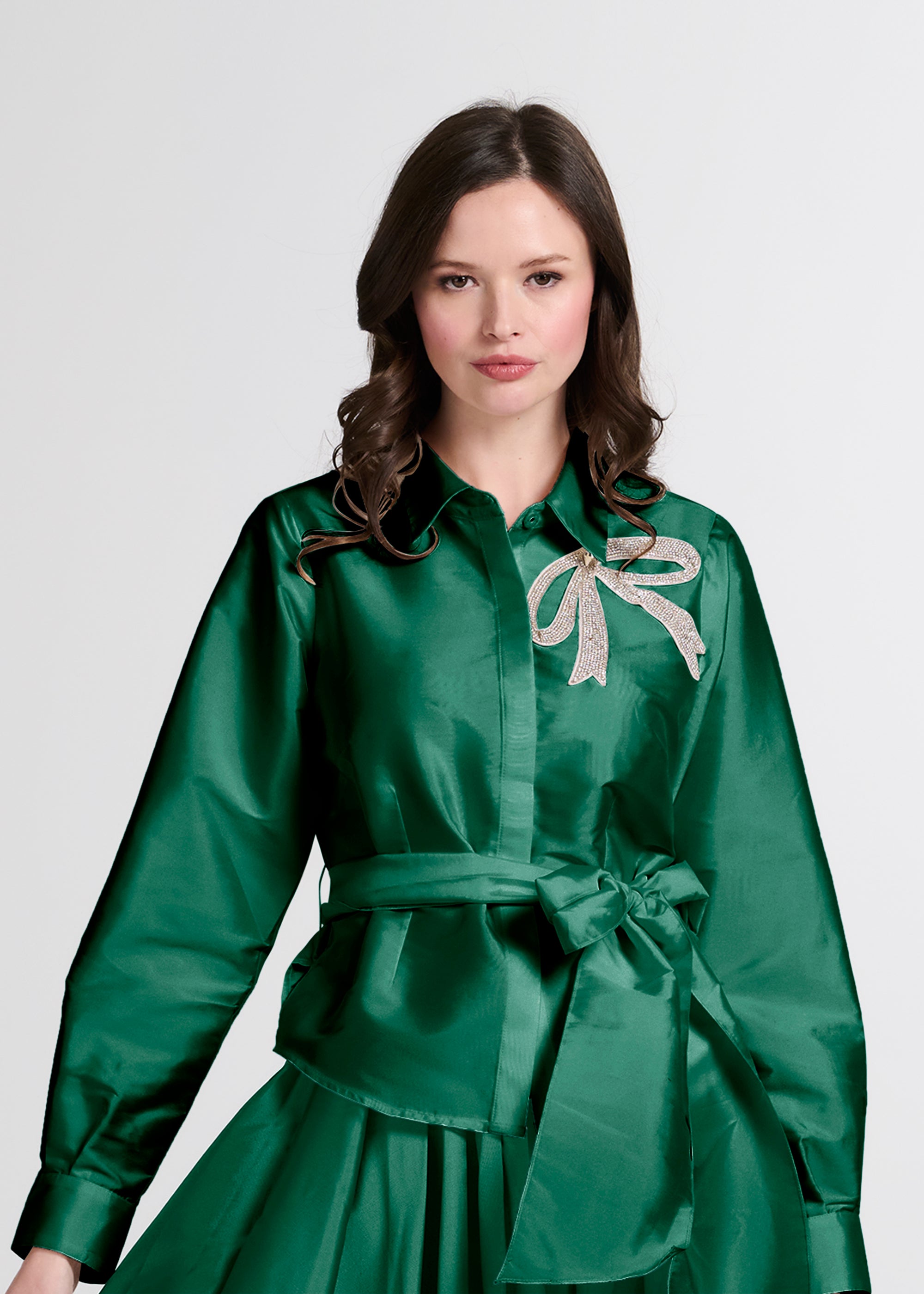CRYSTAL BOW APPLIQUE BLOUSE IN SOFT TAFFETA BLACK