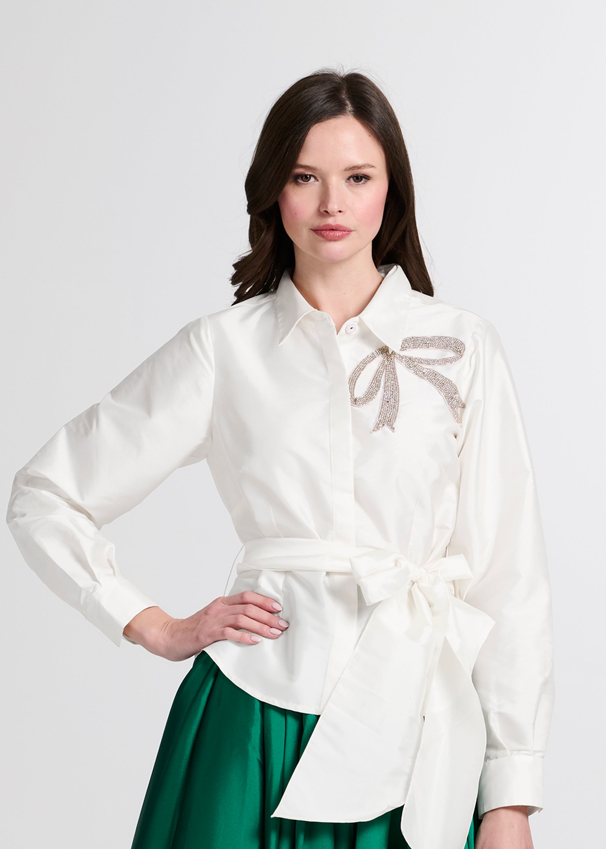 CRYSTAL BOW APPLIQUE BLOUSE IN SOFT TAFFETA BLACK