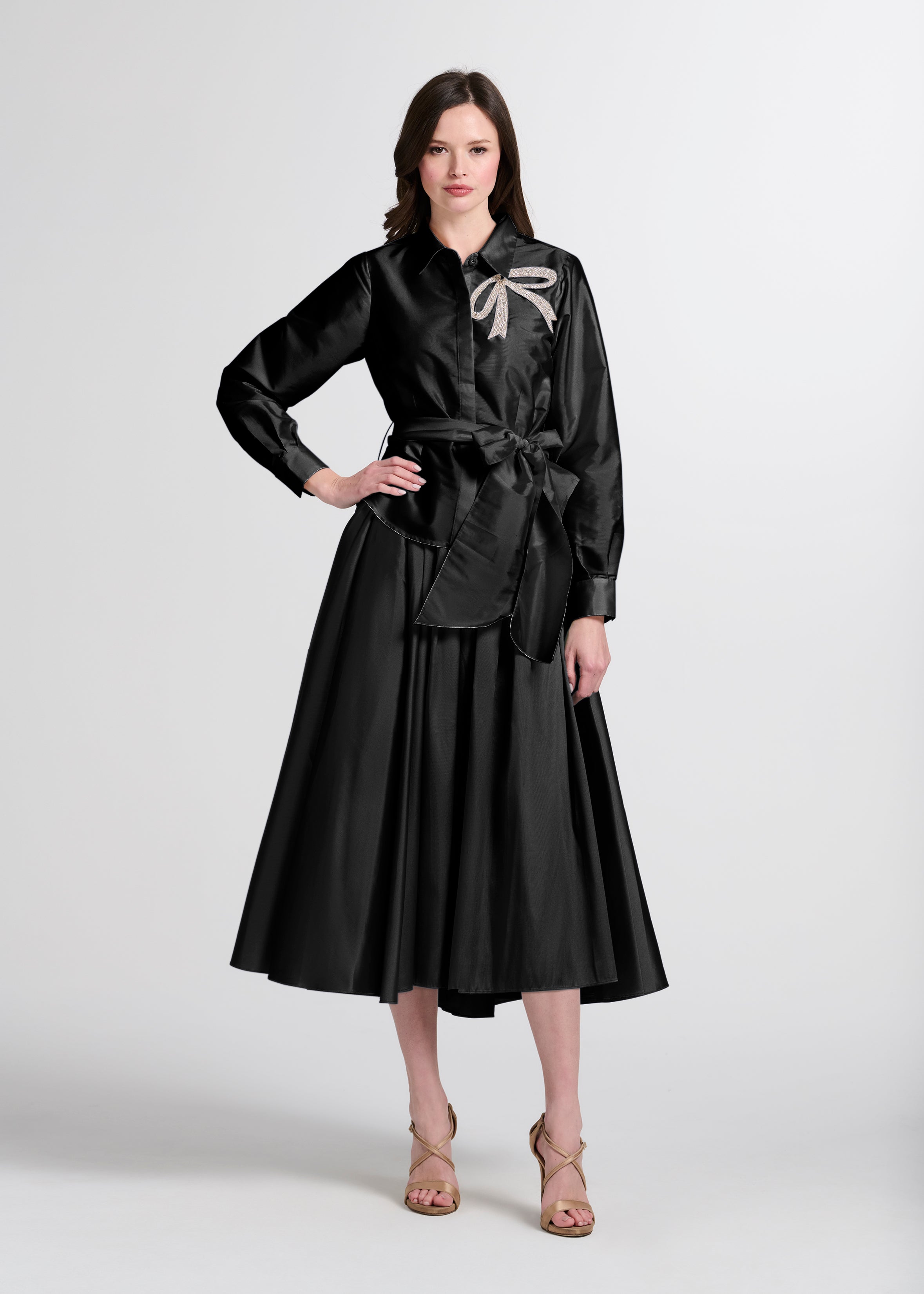 CRYSTAL BOW APPLIQUE BLOUSE IN SOFT TAFFETA BLACK