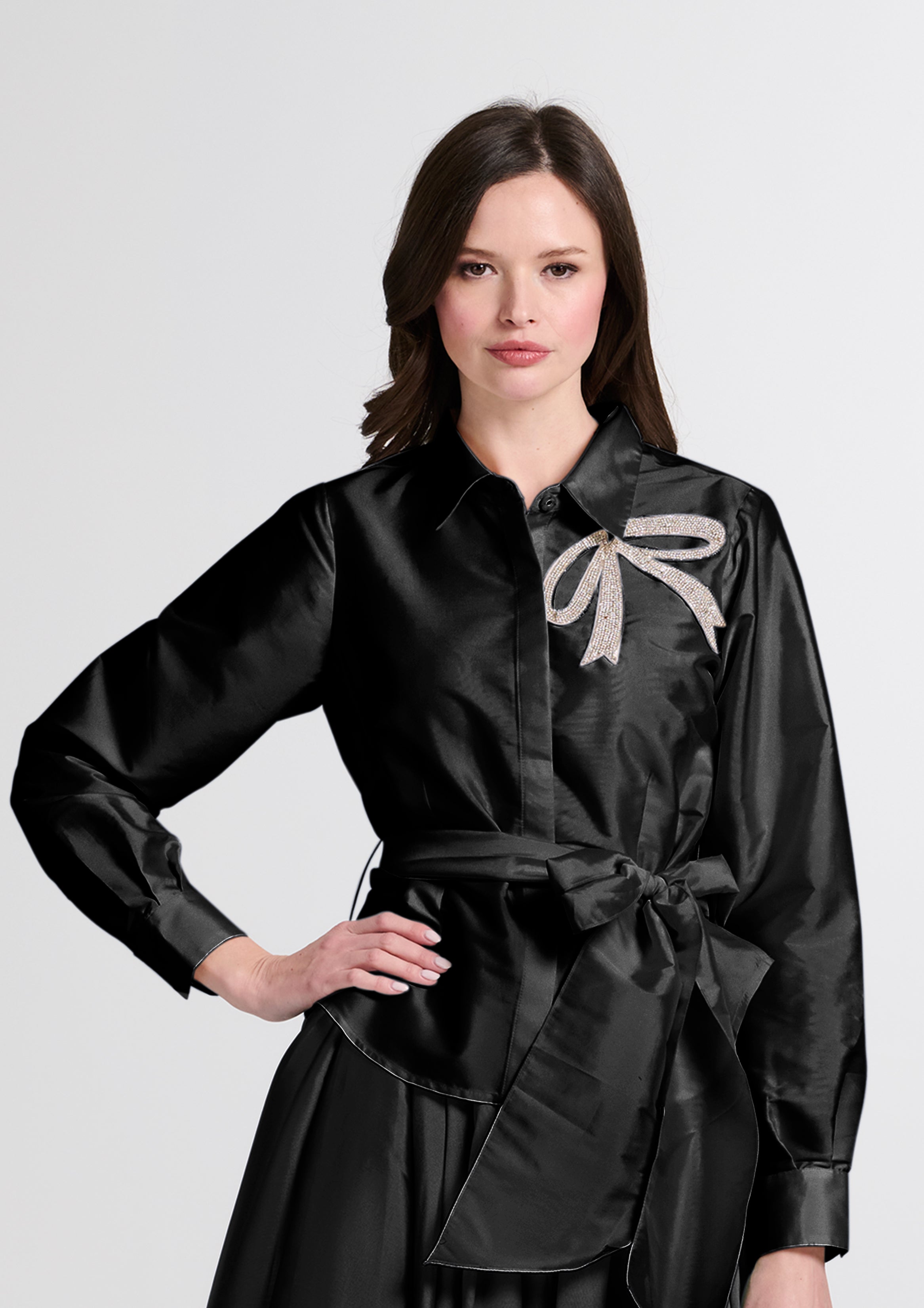 CRYSTAL BOW APPLIQUE BLOUSE IN SOFT TAFFETA BLACK