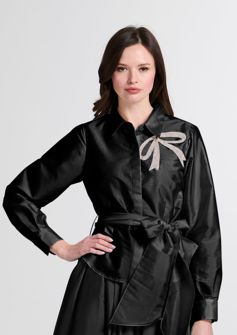 CRYSTAL BOW APPLIQUE BLOUSE IN SOFT TAFFETA BLACK